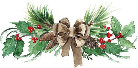 watercolor scandinavian christmas composition. hand drawn winter decoration. spruce, holly and pinecones bouquet, decorated with a canvas bow.