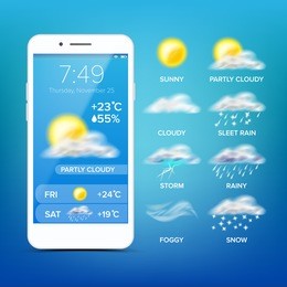 weather forecast app vector. realistic smartphone. weather app with icons. weather icons set. blue background. mobile weather application screen. design element illustration