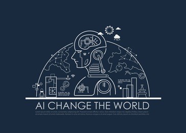 artificial intelligence (ai) change the world concept, machine and deep learning, cloud computing, neural networks and printed circuit board (pcb). vector line flat design to poster.