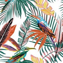 abstract color tropical birds in the jungle seamless background. beach palm leaves vector pattern wallpaper