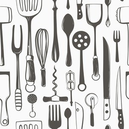 kitchen utensils seamless vector freehand pattern