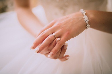 a wedding ring on the finger of the bride.