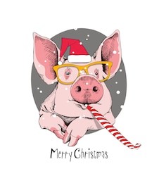 christmas card. portrait of the pink pig in a red santa's cap, yellow glasses and with a funny party whistle blowing on a gray background. vector illustration. 