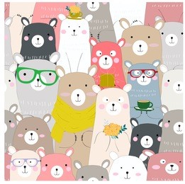 seamless cute winter blue pink bear,pastel colorful,crowd of funny cerebrated baby teddy cartoon,for christmas or new year card background pattern vector,hand draw doodle comic art illustration