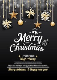 merry christmas party and gift box on dark background invitation theme concept. happy holiday greeting banner and card design template.