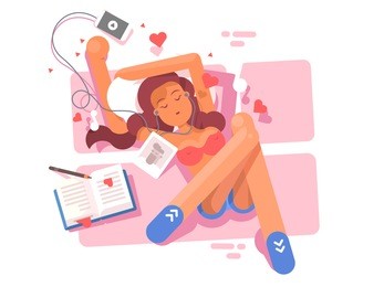 young girl lies and listen to music in headphone, pretty woman lying and relax, flat vector illustration