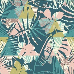 seamless exotic pattern with tropical palm on geometric background. vector hand drawn texture.
