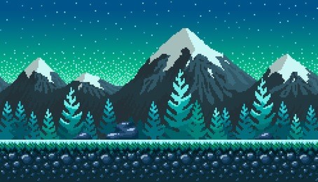 pixel art seamless background. location with snowy mountains at night. landscape for game or application.