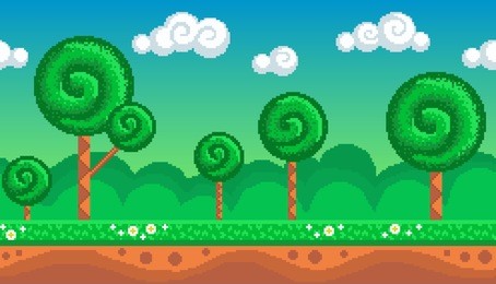 pixel art seamless background. location with stylized forest. landscape for game or application.