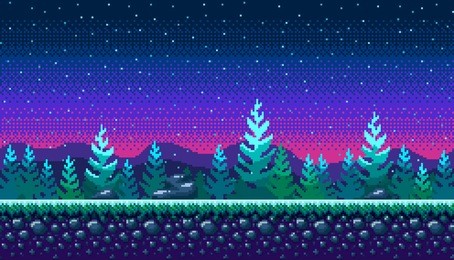 pixel art seamless background. location with snowy forest at night. landscape for game or application.