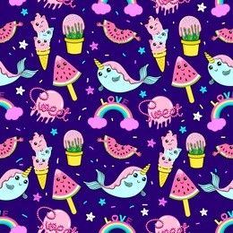 abstract seamless ice cream pattern for girls or boys. creative vector background with ice cream, cute eyes, cactus, stars, rainbow. funny wallpaper for textile and fabric. fashion ice cream style.