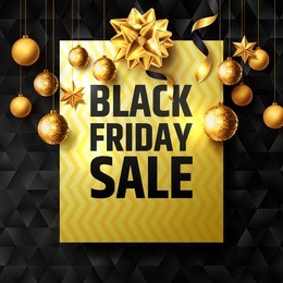black friday sale poster with golden ribbon and christmas decoration elements for retail, shopping or black friday promotion in golden and black style. vector illustration