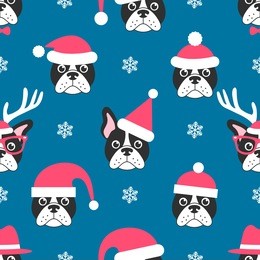 seamless pattern french bulldogs with santa hats