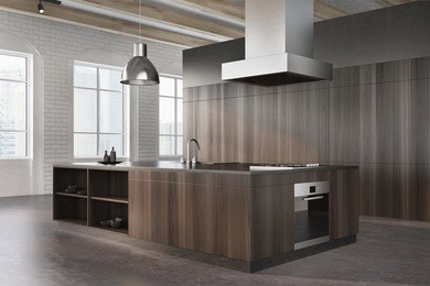 modern kitchen interior corner with white brick walls, a concrete floor, large windows and dark wooden countertops. 3d rendering mock up