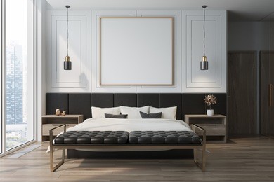 white bedroom interior with a wooden floor, a double bed with a framed square poster hanging above it and two bedside tables. 3d rendering mock up