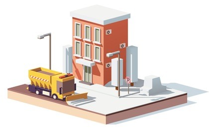 vector low poly snowplow removing the snow in the city on a snowy winter day