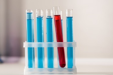 a row of long test tubes with bright blue and red liquid on white table