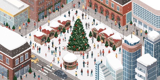 happy people gathering together and celebrating christmas in the city square around a tree under the snow