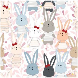 vintage seamless funny happy rabbit bunny,in the light pink wild flower and leaf pattern joyful tropical woodland style,invitation card background illustration vector