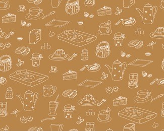 hand-drawn vector wallpaper of breakfast ingredients and snacks, isolated on a brown background - doodle seamless pattern