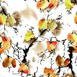 watercolor and ink illustration of tree foliage in style sumi-e, u-sin. oriental traditional painting. seamless pattern.