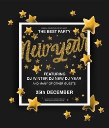 new year. holiday poster templates. beautiful holiday background with golden glitter text "new year", gold 3d stars, poster templates. creative template, banner, flyer or invitation design.