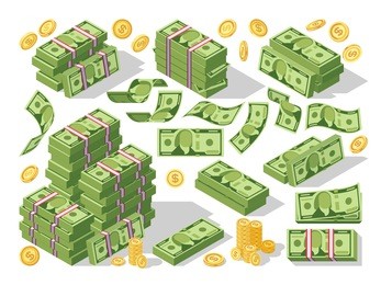various money bills dollar cash paper bank notes and gold coins vector set. money cash heap, pile and stack money illustration