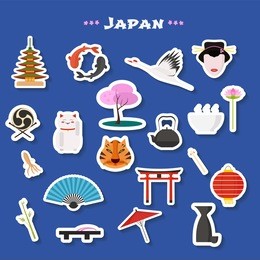 travel to japan vector icons set. japanese  landmarks, temple, tokyo   architecture buildings. design elements, cut out stickers for visit japan