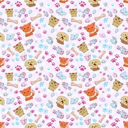 funny cute seamless pattern with different pats cat, dog and hamster baby pastel colors