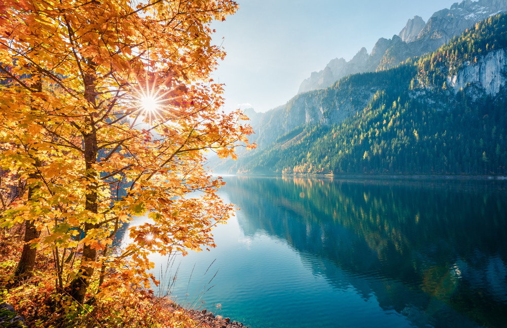 magnificent autumn scene of vorderer ( gosausee ) lake. amazing morning view of austrian alps, upper austria, europe. beauty of nature concept background.