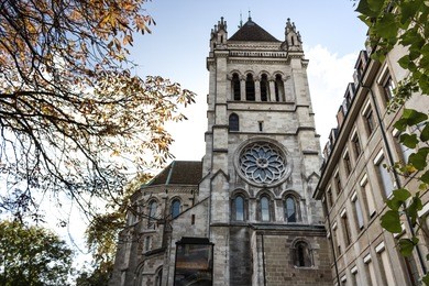 tower of st pierre cathedral in the old town of geneva, switzerland.