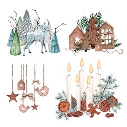 watercolor christmas composition. christmas decorations of candles, cones, gingerbread and various elements of the new year and christmas