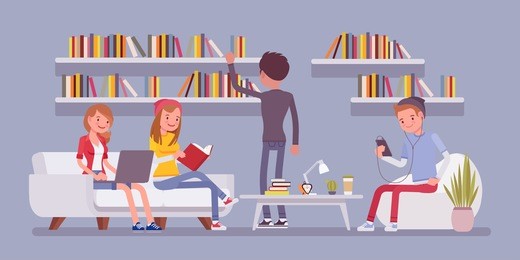 public library people. group of young students studying and reading, looking for information, working with books, laptop, phone. vector flat style cartoon illustration isolated on blue background