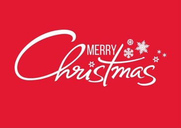 merry christmas handwritten lettering. white text with snowflakes isolated on red background. christmas holidays typography. vector illustration.