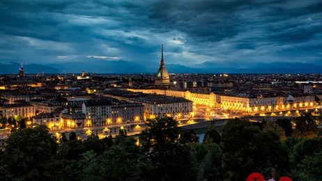 torino (turin), night view of piazza vittorio veneto with mole antonelliana