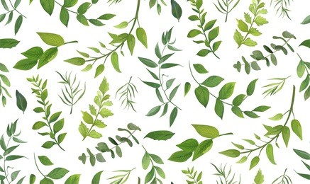 seamless pattern of eucalyptus palm fern different tree, foliage natural branches, green leaves, herbs, tropical plant hand drawn watercolor vector fresh beauty rustic eco friendly background on white