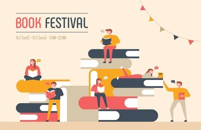book festival poster concept of a small character reading a book and a huge book piled up.vector illustration flat design