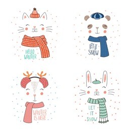 set of hand drawn cute funny animal faces in warm hats, mufflers, with winter, snow quotes. isolated objects on white background with snowflakes. vector illustration. design concept kids, cold weather