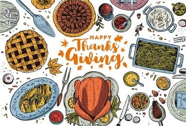 hand drawn thanksgiving dinner, vector illustration
