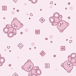 teddy bears seamless pink background with alphabetical cubes, hearts and flowers.. vector illustration.