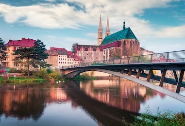 spectacular morning view of st peter and paula's church, on the polish border. colorful autumn cityscape of gorlitz, eastern germany, europe. traveling concept background.