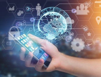 view of an international business network connection displayed on a futuristic interface with technology icon and sphere globe - worldwide business concept