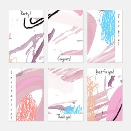 hand drawn creative universal invitation greeting cards template. abstract scribbles doodles bright colors.birthday, wedding, party, social media banners templates. isolated vector card templates.