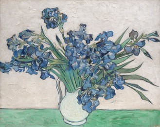 irises, by vincent van gogh, 1890, dutch post-impressionist, oil on canvas. the paintings original pink background has faded because he used impermanent red pigments