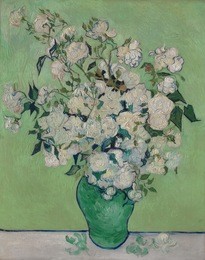 roses, by vincent van gogh, 1890, dutch post-impressionist, oil on canvas. the paintings original pink roses has faded because he used impermanent red pigments