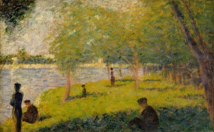 study for a sunday on la grande jatte, by georges seurat, 1884, french post-impressionist painting. this oil on wood panel is one of about fifty preparatory studies for seurat made for his famous poin