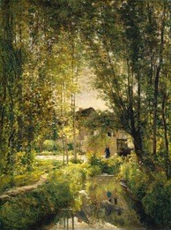 landscape with a sunlit stream, by charles-francois daubigny, 1877, french painting, oil on canvas. daubignys realist barbizon style was influenced by the impressionist painters pissarro and monet. da