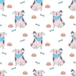 vector seamless pattern with cute dog. sitting smiling dog - hand drawn illustration. small kawaii puppy background