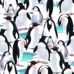 watercolor illustration. seamless pattern witn penguin's flock  on the snow