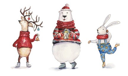watercolor christmas illustration with hare, holiday deer and colorful bear. christmas cards. winter design. merry christmas!